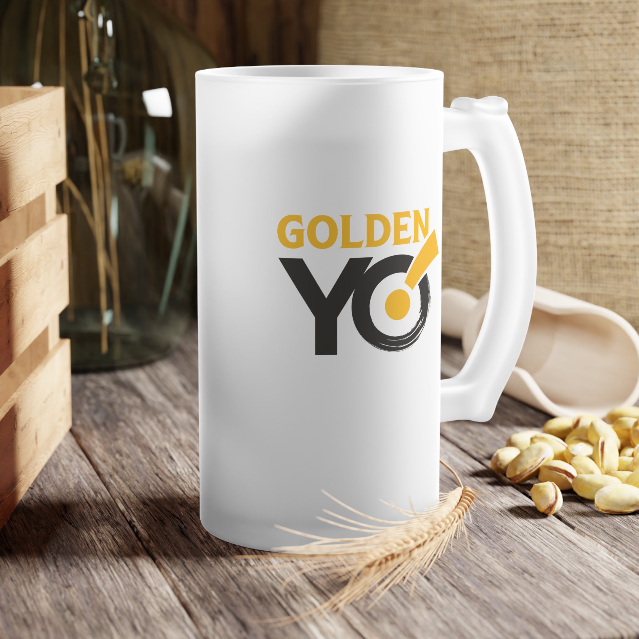 Golden YO! Frosted Glass Beer Mug